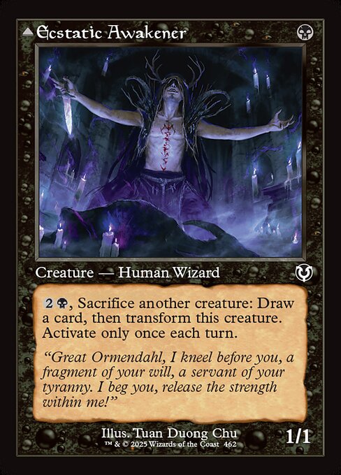 {2}{B}, Sacrifice another creature: Draw a card, then transform Ecstatic Awakener. Activate only once each turn.   