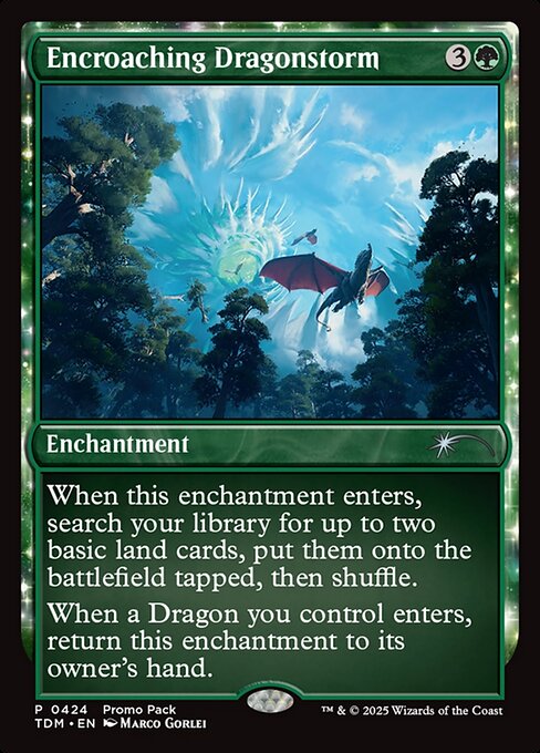 When this enchantment enters, search your library for up to two basic land cards, put them onto the battlefield tapped, then shuffle.
When a Dragon you control enters, return this enchantment to its owner's hand.