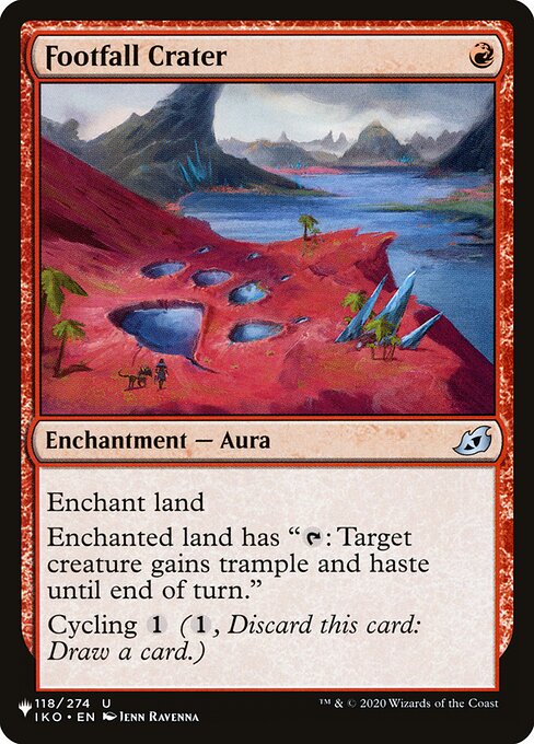 Enchant land
Enchanted land has "{T}: Target creature gains trample and haste until end of turn."
Cycling {1} ({1}, Discard this card: Draw a card.)