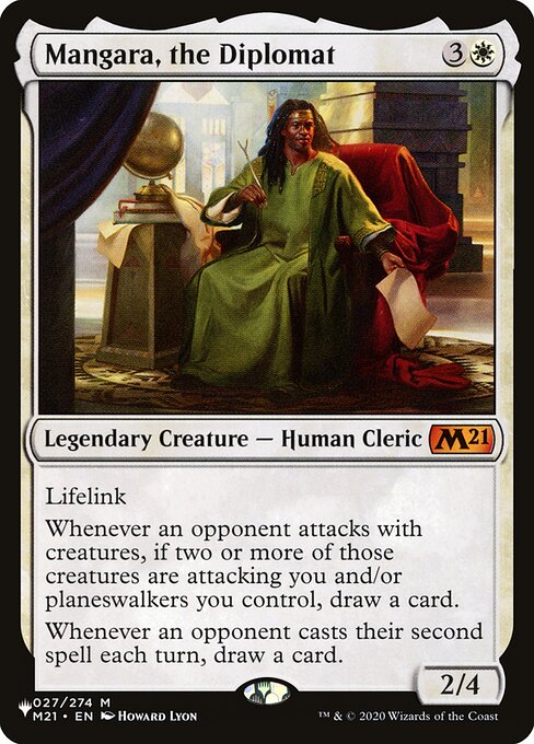 Lifelink
Whenever an opponent attacks with creatures, if two or more of those creatures are attacking you and/or planeswalkers you control, draw a card.
Whenever an opponent casts their second spell each turn, draw a card.