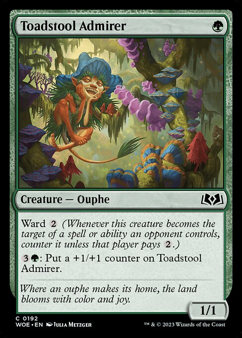 Ward {2} (Whenever this creature becomes the target of a spell or ability an opponent controls, counter it unless that player pays {2}.)
{3}{G}: Put a +1/+1 counter on Toadstool Admirer.
