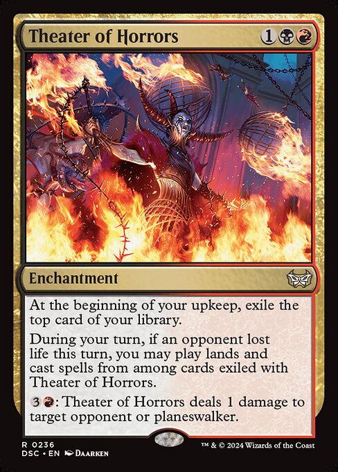 At the beginning of your upkeep, exile the top card of your library.
During your turn, if an opponent lost life this turn, you may play lands and cast spells from among cards exiled with Theater of Horrors.
{3}{R}: Theater of Horrors deals 1 damage to target opponent or planeswalker.