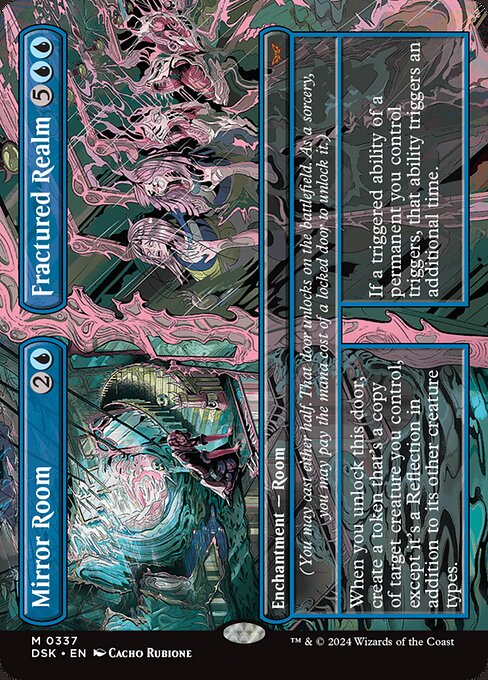 (You may cast either half. That door unlocks on the battlefield. As a sorcery, you may pay the mana cost of a locked door to unlock it.)
When you unlock this door, create a token that's a copy of target creature you control, except it's a Reflection in addition to its other creature types.   (You may cast either half. That door unlocks on the battlefield. As a sorcery, you may pay the mana cost of a locked door to unlock it.)
If a triggered ability of a permanent you control triggers, that abili