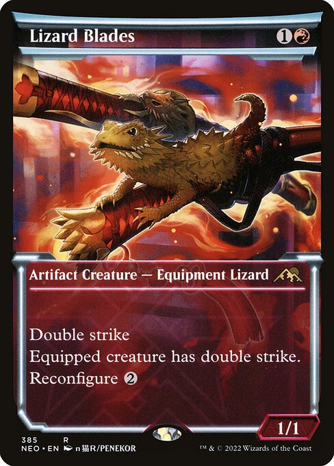 Double strike
Equipped creature has double strike.
Reconfigure {2} ({2}: Attach to target creature you control; or unattach from a creature. Reconfigure only as a sorcery. While attached, this isn't a creature.)