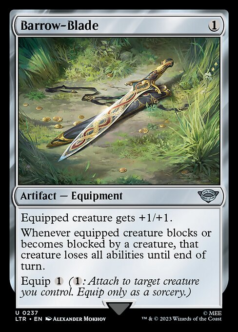 Equipped creature gets +1/+1.
Whenever equipped creature blocks or becomes blocked by a creature, that creature loses all abilities until end of turn.
Equip {1} ({1}: Attach to target creature you control. Equip only as a sorcery.)