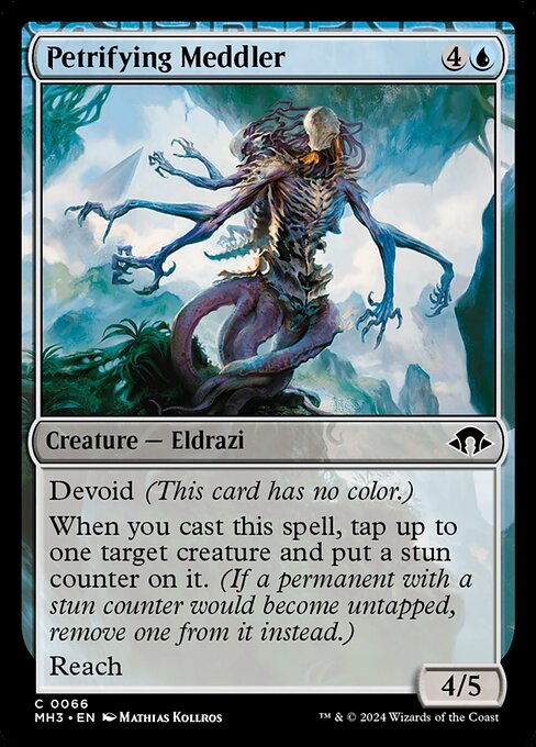 Devoid (This card has no color.)
When you cast this spell, tap up to one target creature and put a stun counter on it. (If a permanent with a stun counter would become untapped, remove one from it instead.)
Reach