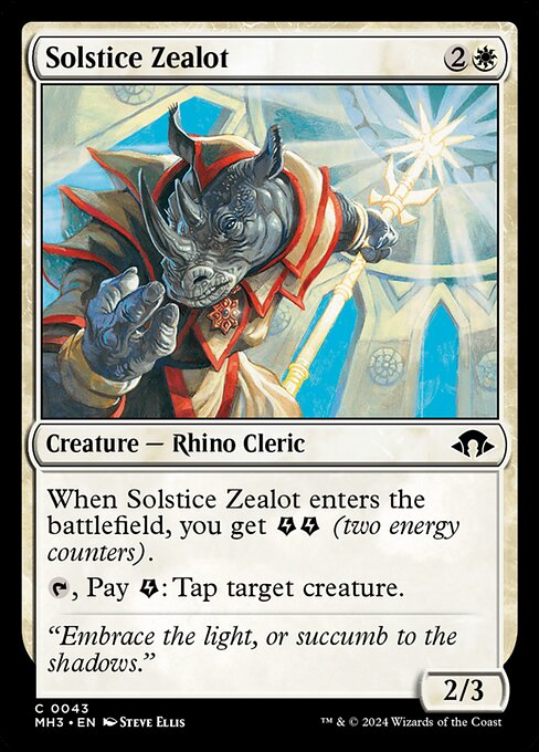 When Solstice Zealot enters the battlefield, you get {E}{E} (two energy counters).
{T}, Pay {E}: Tap target creature.