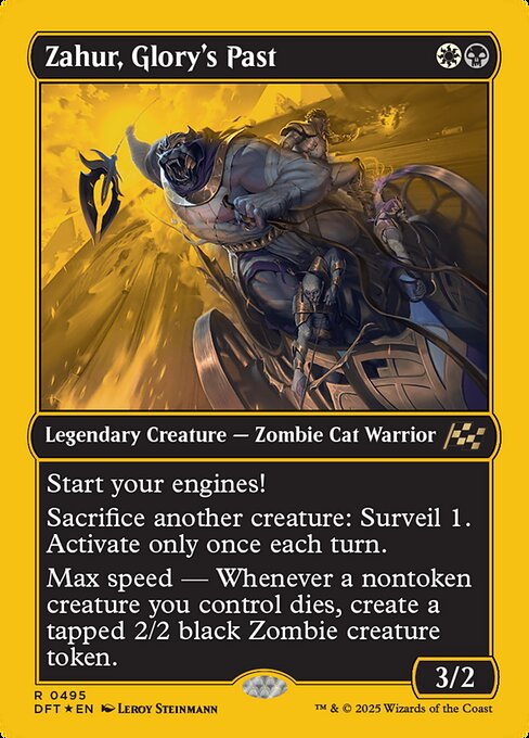 Start your engines! (If you have no speed, it starts at 1. It increases once on each of your turns when an opponent loses life. Max speed is 4.)
Sacrifice another creature: Surveil 1. Activate only once each turn.
Max speed — Whenever a nontoken creature you control dies, create a tapped 2/2 black Zombie creature token.