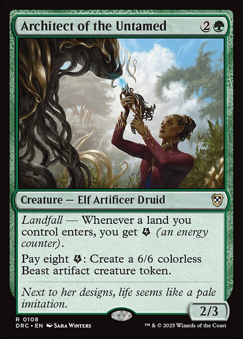 Landfall — Whenever a land you control enters, you get {E} (an energy counter).
Pay eight {E}: Create a 6/6 colorless Beast artifact creature token.