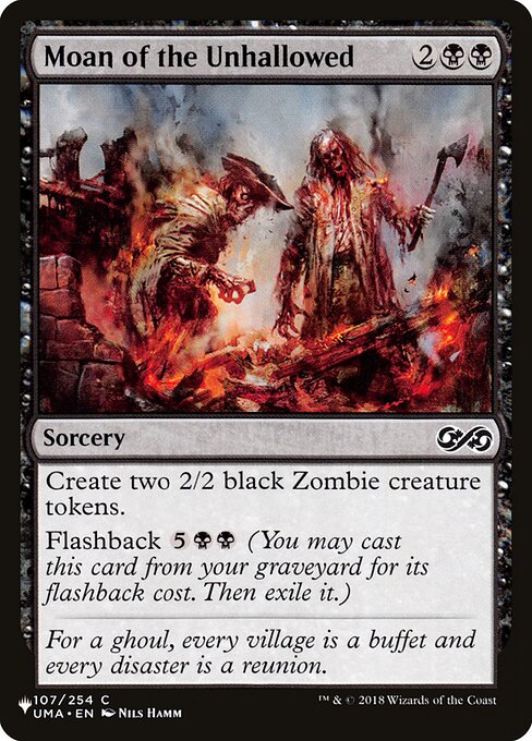 Create two 2/2 black Zombie creature tokens.
Flashback {5}{B}{B} (You may cast this card from your graveyard for its flashback cost. Then exile it.)