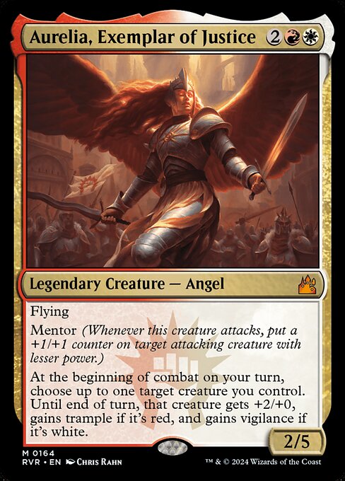 Flying
Mentor (Whenever this creature attacks, put a +1/+1 counter on target attacking creature with lesser power.)
At the beginning of combat on your turn, choose up to one target creature you control. Until end of turn, that creature gets +2/+0, gains trample if it's red, and gains vigilance if it's white.