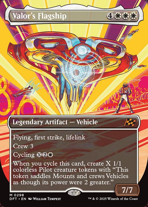 Flying, first strike, lifelink
Crew 3
Cycling {X}{2}{W} ({X}{2}{W}, Discard this card: Draw a card.)
When you cycle this card, create X 1/1 colorless Pilot creature tokens with "This token saddles Mounts and crews Vehicles as though its power were 2 greater."