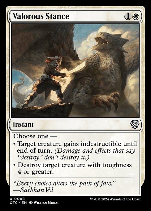 Choose one —
• Target creature gains indestructible until end of turn. (Damage and effects that say "destroy" don't destroy it.)
• Destroy target creature with toughness 4 or greater.