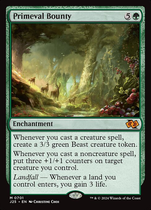 Whenever you cast a creature spell, create a 3/3 green Beast creature token.
Whenever you cast a noncreature spell, put three +1/+1 counters on target creature you control.
Landfall — Whenever a land you control enters, you gain 3 life.