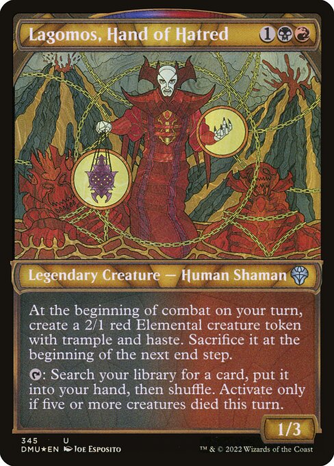 At the beginning of combat on your turn, create a 2/1 red Elemental creature token with trample and haste. Sacrifice it at the beginning of the next end step.
{T}: Search your library for a card, put it into your hand, then shuffle. Activate only if five or more creatures died this turn.