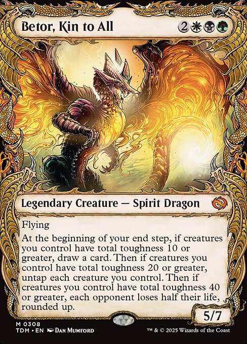 Flying
At the beginning of your end step, if creatures you control have total toughness 10 or greater, draw a card. Then if creatures you control have total toughness 20 or greater, untap each creature you control. Then if creatures you control have total toughness 40 or greater, each opponent loses half their life, rounded up.