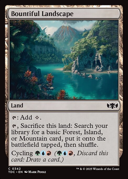 {T}: Add {C}.
{T}, Sacrifice this land: Search your library for a basic Forest, Island, or Mountain card, put it onto the battlefield tapped, then shuffle.
Cycling {G}{U}{R} ({G}{U}{R}, Discard this card: Draw a card.)