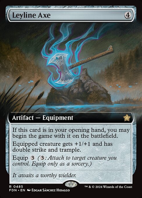 If this card is in your opening hand, you may begin the game with it on the battlefield.
Equipped creature gets +1/+1 and has double strike and trample.
Equip {3} ({3}: Attach to target creature you control. Equip only as a sorcery.)