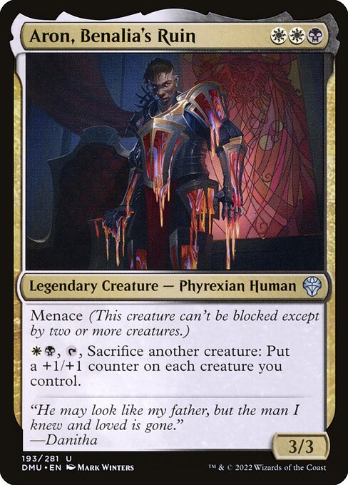 Menace (This creature can't be blocked except by two or more creatures.)
{W}{B}, {T}, Sacrifice another creature: Put a +1/+1 counter on each creature you control.