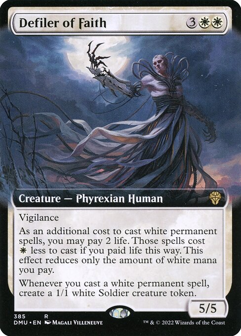 Vigilance
As an additional cost to cast white permanent spells, you may pay 2 life. Those spells cost {W} less to cast if you paid life this way. This effect reduces only the amount of white mana you pay.
Whenever you cast a white permanent spell, create a 1/1 white Soldier creature token.