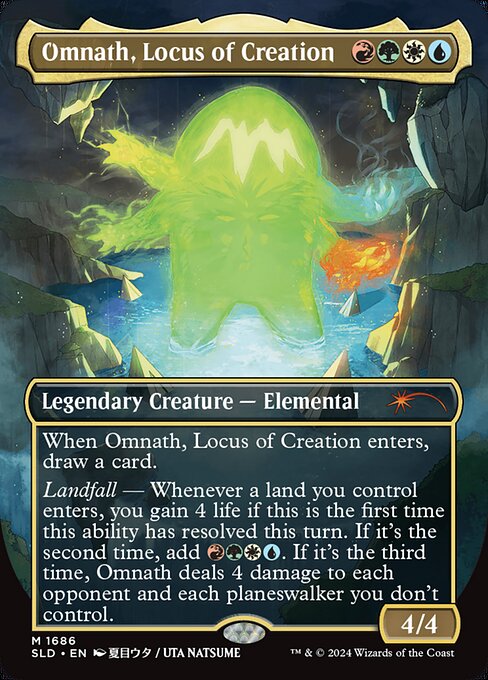 When Omnath, Locus of Creation enters, draw a card.
Landfall — Whenever a land you control enters, you gain 4 life if this is the first time this ability has resolved this turn. If it's the second time, add {R}{G}{W}{U}. If it's the third time, Omnath deals 4 damage to each opponent and each planeswalker you don't control.