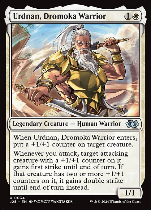 When Urdnan, Dromoka Warrior enters, put a +1/+1 counter on target creature.
Whenever you attack, target attacking creature with a +1/+1 counter on it gains first strike until end of turn. If that creature has two or more +1/+1 counters on it, it gains double strike until end of turn instead.