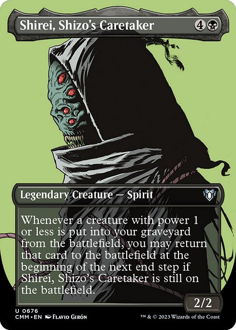 Whenever a creature with power 1 or less is put into your graveyard from the battlefield, you may return that card to the battlefield at the beginning of the next end step if Shirei, Shizo's Caretaker is still on the battlefield.