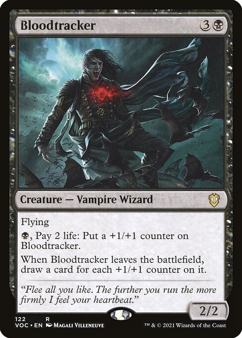 Flying
{B}, Pay 2 life: Put a +1/+1 counter on Bloodtracker.
When Bloodtracker leaves the battlefield, draw a card for each +1/+1 counter on it.