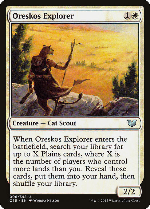 When Oreskos Explorer enters the battlefield, search your library for up to X Plains cards, where X is the number of players who control more lands than you. Reveal those cards, put them into your hand, then shuffle.