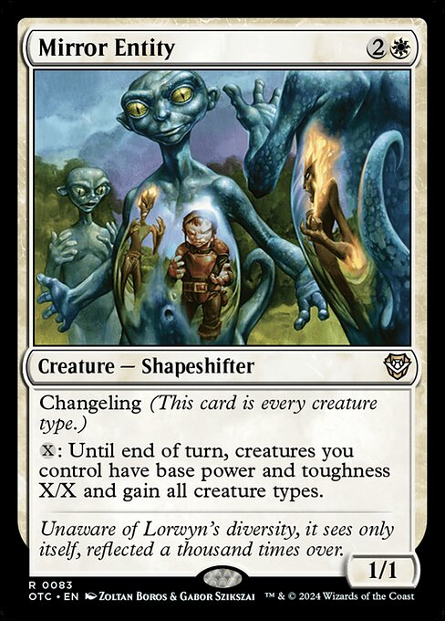 Changeling (This card is every creature type.)
{X}: Until end of turn, creatures you control have base power and toughness X/X and gain all creature types.