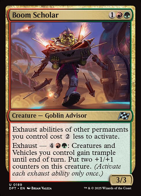 Exhaust abilities of other permanents you control cost {2} less to activate.
Exhaust — {4}{R}{G}: Creatures and Vehicles you control gain trample until end of turn. Put two +1/+1 counters on this creature. (Activate each exhaust ability only once.)