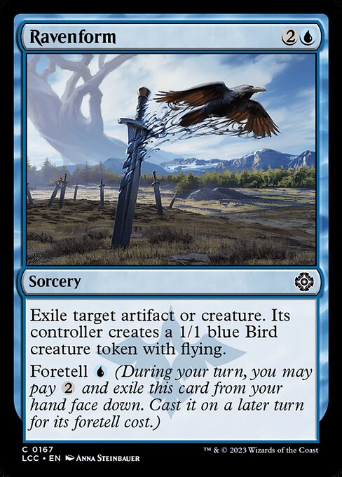 Exile target artifact or creature. Its controller creates a 1/1 blue Bird creature token with flying.
Foretell {U} (During your turn, you may pay {2} and exile this card from your hand face down. Cast it on a later turn for its foretell cost.)