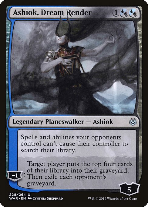 Spells and abilities your opponents control can't cause their controller to search their library.
−1: Target player mills four cards. Then exile each opponent's graveyard.