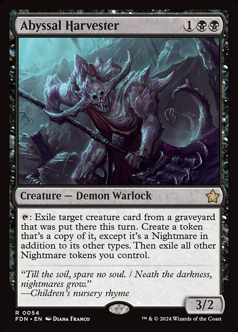 {T}: Exile target creature card from a graveyard that was put there this turn. Create a token that's a copy of it, except it's a Nightmare in addition to its other types. Then exile all other Nightmare tokens you control.