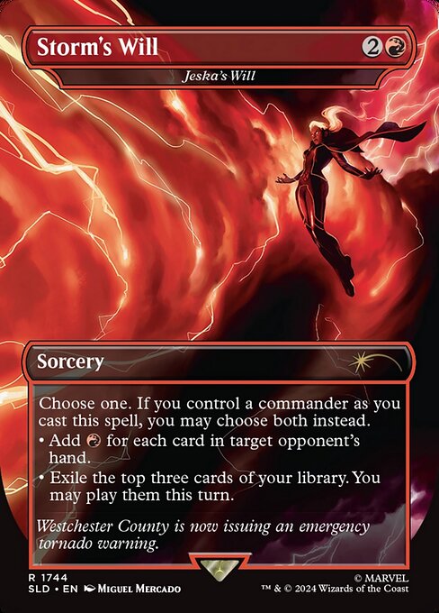 Choose one. If you control a commander as you cast this spell, you may choose both instead.
• Add {R} for each card in target opponent's hand.
• Exile the top three cards of your library. You may play them this turn.