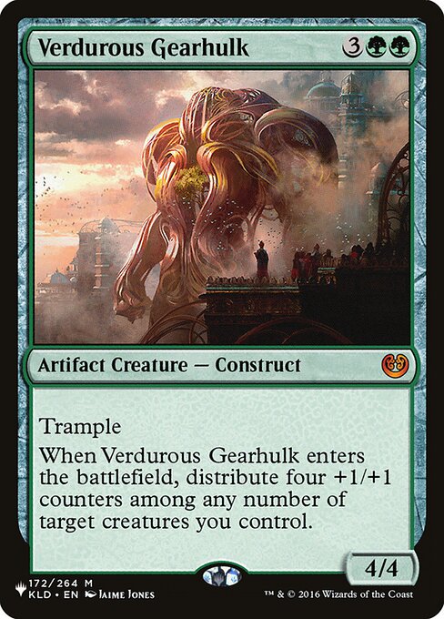 Trample
When Verdurous Gearhulk enters, distribute four +1/+1 counters among any number of target creatures you control.