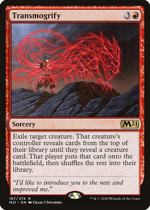 Exile target creature. That creature's controller reveals cards from the top of their library until they reveal a creature card. That player puts that card onto the battlefield, then shuffles the rest into their library.