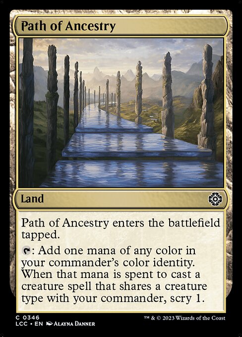 This land enters tapped.
{T}: Add one mana of any color in your commander's color identity. When that mana is spent to cast a creature spell that shares a creature type with your commander, scry 1. (Look at the top card of your library. You may put that card on the bottom.)