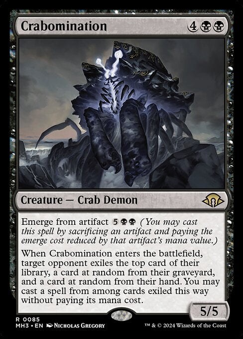 Emerge from artifact {5}{B}{B} (You may cast this spell by sacrificing an artifact and paying the emerge cost reduced by that artifact's mana value.)
When Crabomination enters the battlefield, target opponent exiles the top card of their library, a card at random from their graveyard, and a card at random from their hand. You may cast a spell from among cards exiled this way without paying its mana cost.