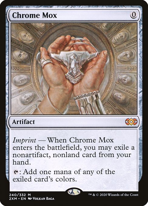 Imprint — When Chrome Mox enters the battlefield, you may exile a nonartifact, nonland card from your hand.
{T}: Add one mana of any of the exiled card's colors.