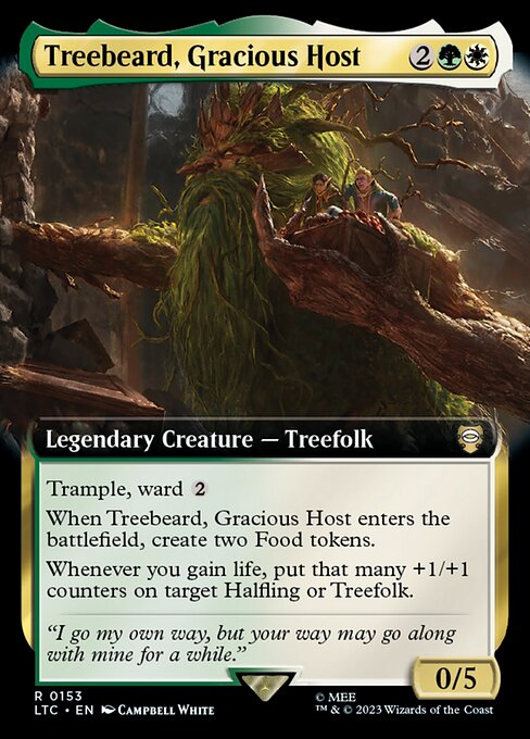 Trample, ward {2}
When Treebeard, Gracious Host enters, create two Food tokens.
Whenever you gain life, put that many +1/+1 counters on target Halfling or Treefolk.