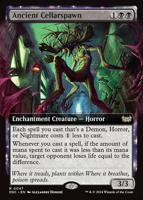 Each spell you cast that's a Demon, Horror, or Nightmare costs {1} less to cast.
Whenever you cast a spell, if the amount of mana spent to cast it was less than its mana value, target opponent loses life equal to the difference.