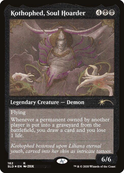 Flying
Whenever a permanent owned by another player is put into a graveyard from the battlefield, you draw a card and you lose 1 life.