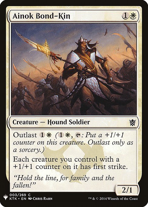 Outlast {1}{W} ({1}{W}, {T}: Put a +1/+1 counter on this creature. Outlast only as a sorcery.)
Each creature you control with a +1/+1 counter on it has first strike.