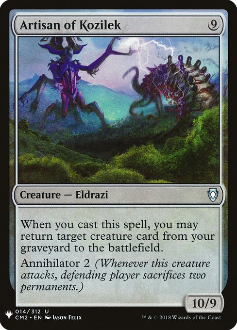When you cast this spell, you may return target creature card from your graveyard to the battlefield.
Annihilator 2 (Whenever this creature attacks, defending player sacrifices two permanents.)