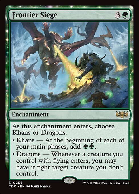As this enchantment enters, choose Khans or Dragons.
• Khans — At the beginning of each of your main phases, add {G}{G}.
• Dragons — Whenever a creature you control with flying enters, you may have it fight target creature you don't control.