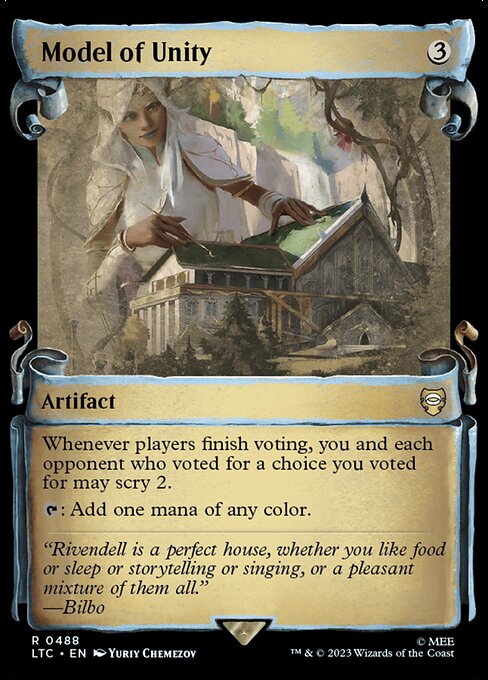 Whenever players finish voting, you and each opponent who voted for a choice you voted for may scry 2.
{T}: Add one mana of any color.