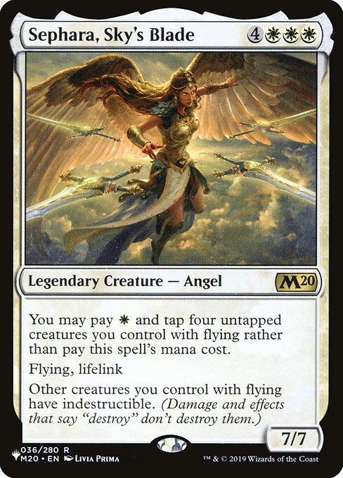 You may pay {W} and tap four untapped creatures you control with flying rather than pay this spell's mana cost.
Flying, lifelink
Other creatures you control with flying have indestructible. (Damage and effects that say "destroy" don't destroy them.)