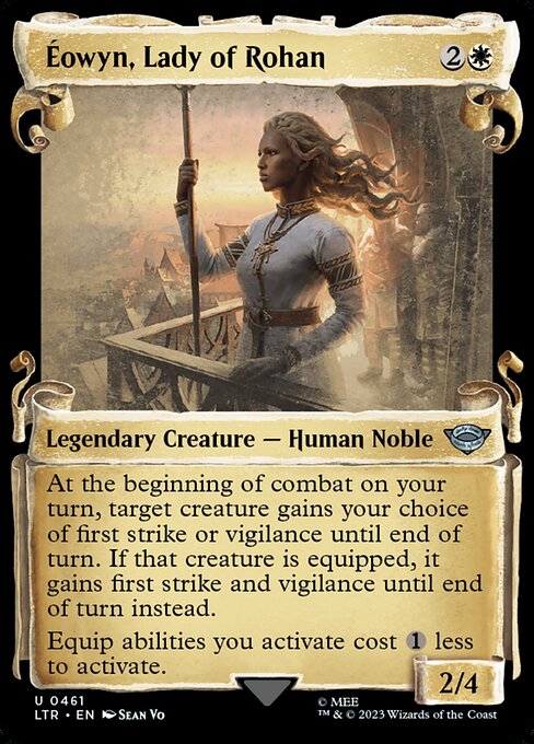 At the beginning of combat on your turn, target creature gains your choice of first strike or vigilance until end of turn. If that creature is equipped, it gains first strike and vigilance until end of turn instead.
Equip abilities you activate cost {1} less to activate.