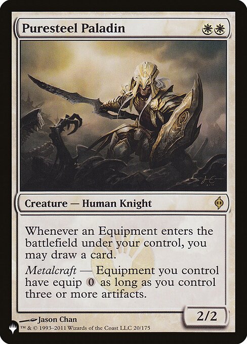 Whenever an Equipment enters the battlefield under your control, you may draw a card.
Metalcraft — Equipment you control have equip {0} as long as you control three or more artifacts.
